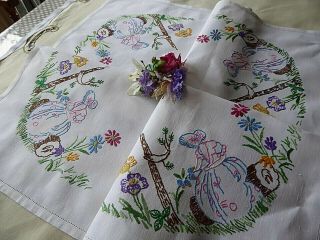 Vintage Hand Embroidered Tablecloth/ Crinoline Ladies.