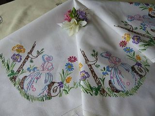 VINTAGE HAND EMBROIDERED TABLECLOTH/ CRINOLINE LADIES. 2