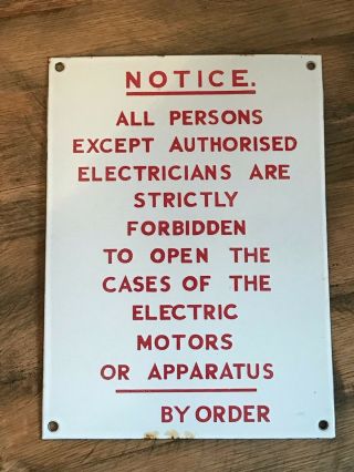Scarce Vintage Enamel Sign Warning Electric Motors By Order Industrial