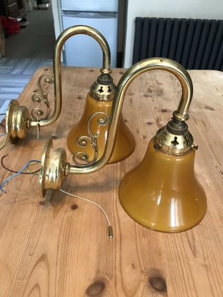 Vintage - Christopher Wray - Art Deco / Nouveau Brass Wall Lights Glass Shades