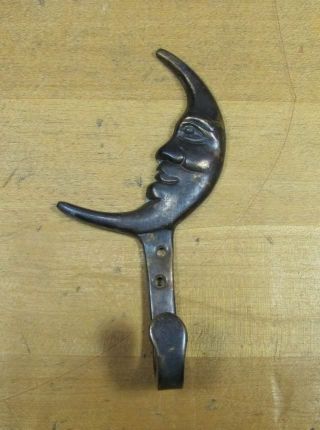 Vintage Figural Brass Man On The Moon Face Hook Hanger Hardware