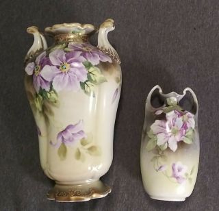 Antique Nippon Vase Purple Anemone 6.  5 " H Pc 1 Of 2 Porcelain Hp 