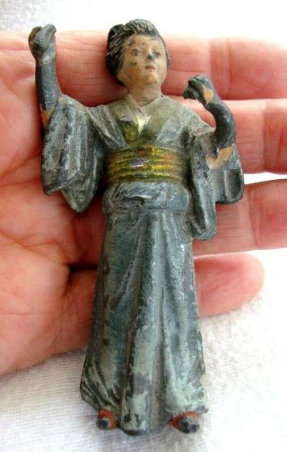 Antique Cold Painted Cast Metal Lead Figure Japanese Chinese Lady Toy Treasure