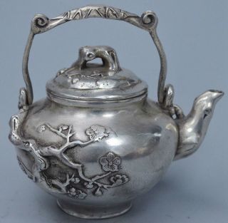 China Collectable Handwork Old Miao Silver Carve Plum Blossom Auspicious Tea Pot