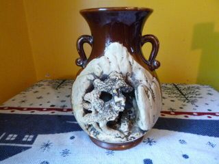Antique Japanese Banko Ware Carved Pottery Vase Bonsai Landscape Brown 10 1/2 "