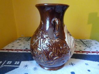 Antique Japanese Banko Ware Carved Pottery Vase Bonsai Landscape Brown 10 1/2 