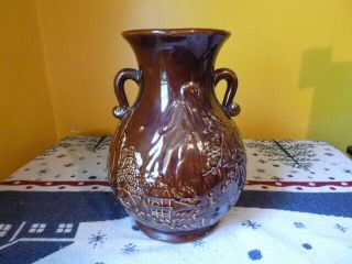 Antique Japanese Banko Ware Carved Pottery Vase Bonsai Landscape Brown 10 1/2 