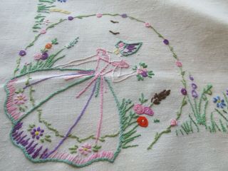 Vintage Hand Embroidered Linen Tablecloth 50 " X49 " - Crinoline Ladies & Floral 