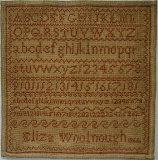Mid 19th Century Red Stitch Work Alphabet Sampler By Eliza Woolnough - 1866