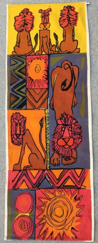 Mid Century Vintage Fabric Wall Hanging African Lions Tigers Bright Screen Print