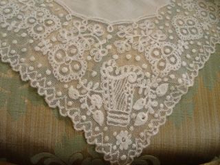 A Antique Irish Tambour Lace Wedding Handkerchief C.  1880