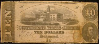1862 Confederate $10.  00 Note From J.  E.  B.  Stuart Family Estate.  Civil War.