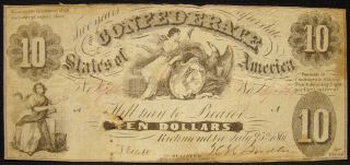 Rare 1861 Confederate $10.  00 Note (t - 10) From Va.  Estate.  Civil War.