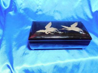 Vintage Japanese Black Lacquer Musical Jewelry Box Gold Cranes