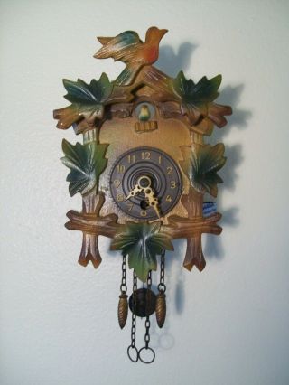Vintage German Novelty Wind - Up Mini Cuckoo Clock With Pendulum & Key