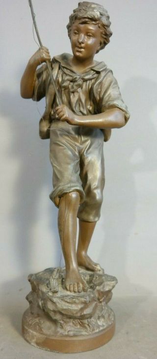Antique French Art Deco Era Boy Fishing Statue Old Rancoulet Fish Rod Sculpture