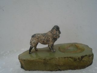 Charming Antique Green Onyx Pin Dish With Cold Painted Spelter Dog Take A Look