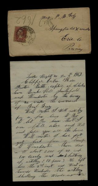 111th Pennsylvania Infantry Civil War Letter Surrender Of Winchester,  Va - Wow