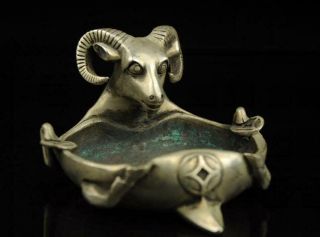 Old Chinese Carved Sheep Copper Plating Silver Ashtray Statue Collectibles D02