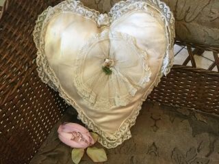 Antique Vintage Silk With Tambour Lace Heart Shape Bridal Wedding Ring Pillow