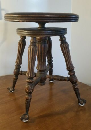 Vtg Antique Victorian Wood Piano Swivel Stool Glass Foot Metal Eagle Claw