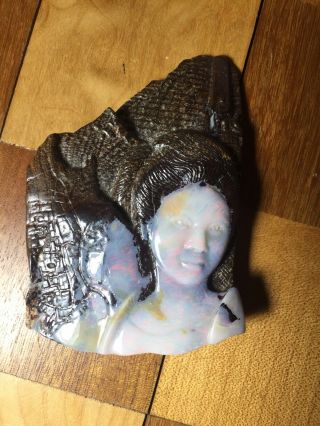 Carved Opal Geisha Woman’s Face Attached To Stone Vintage Carved Pillar