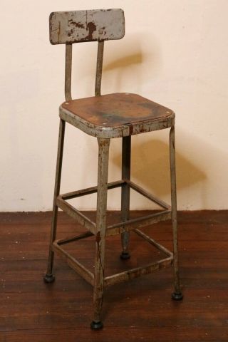 Lyon Industrial Stool Vintage Steel And Wood Seat Gray Workbench Island Chair