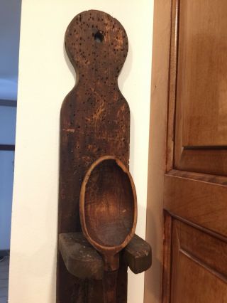 Antique Primitive Worm Hole Wood Spoon Holder With Wooden Spoon Farmhouse Rustic