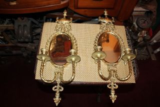 Pair Vintage Wall Mounted Sconce Candle Holders With Mirror Double Arm Brass