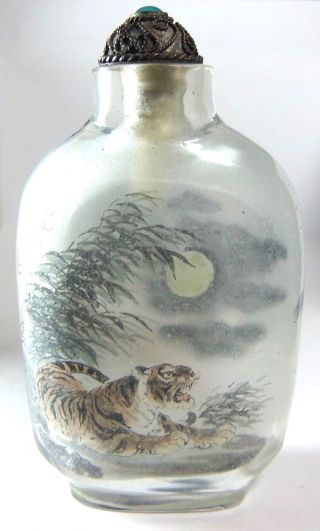 Reverse Painted Inside Two Sided Glass Crystal Tiger Scenic Chinese Snuff Bottle