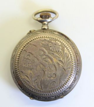 C.  1880 Swiss Diana Cuivre 800 Silver Engraved Scene Ladies Pocket Watch Runs