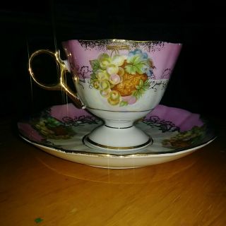 Vintage Royal Halsey Iridescent Footed Teacup And Saucer Pink,  Gold With Fruit