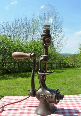 Upcycled Vintage Table Lamp Cast Iron Food Mincer Steampunk Industrial Kitchen