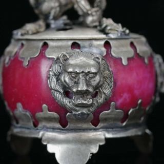 CHINESE SILVER COPPER INLAID JADE HANDWORK LION INCENSE BURNER 2