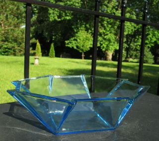George Sakier Fostoria Blue Glass Geometric Bowl Art Deco Octagon Cubist 2402