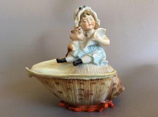 Antique German Bisque Shell Coral Trinket Dish Bathing Beauty Girl Sings To Dog