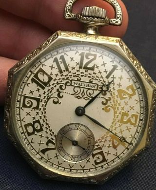 1926 12s Waltham 15 Jewel Open Face Eight Sided Pocket Watch Fancy Dial Runs