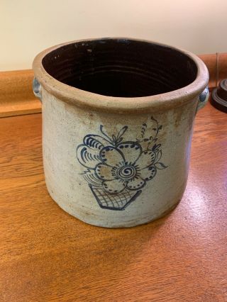 Antique Stoneware Primitive Crock W/ Cobalt Blue Floral Design Rare Shape