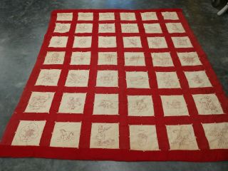 Antique Red And White Pictorial Estate Handmade Quilt