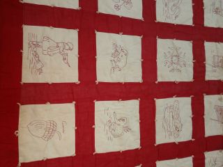 ANTIQUE RED AND WHITE PICTORIAL ESTATE HANDMADE QUILT 2