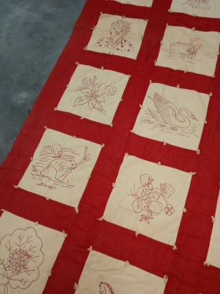 ANTIQUE RED AND WHITE PICTORIAL ESTATE HANDMADE QUILT 3