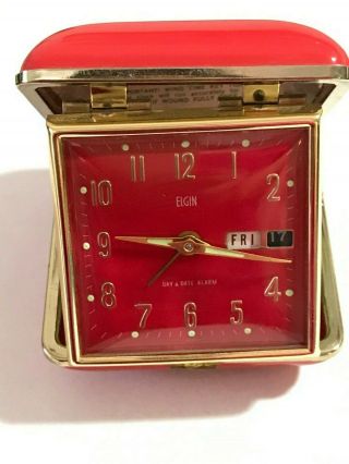 Vintage Elgin Red Travel Alarm Clock Day And Date Red Face 3 " Square