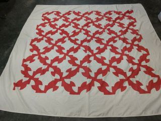 Antique Red And White Drunkards Path Handmade Quilt