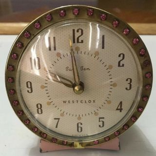 Vintage Westclox Baby Ben Alarm Clock Pink With Pink Rhinestones Time