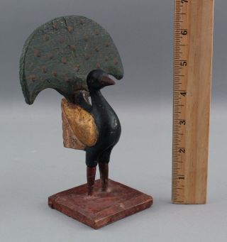 Small Antique circa - 1900 Folk Art Carved & Painted Wood,  Peacock Bird Sculpture 2