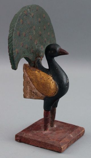 Small Antique circa - 1900 Folk Art Carved & Painted Wood,  Peacock Bird Sculpture 3