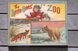 The Little Ones Zoo - Chromo - Lithograph Animals W Wooden Stands Rare Antique