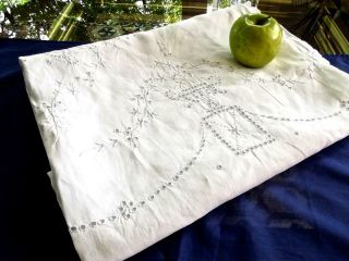 Antique Pure White Linen 68x84 Tablecloth Fab Madeira Embroidered Floral Askets