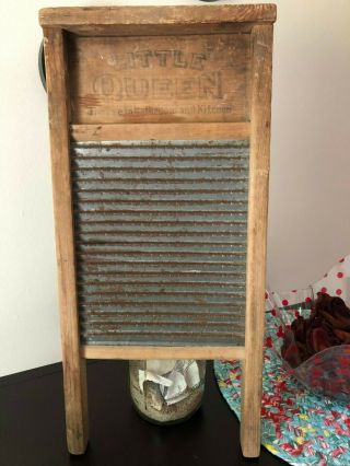 Old Vintage Primitive " Little Queen " Wood,  Metal Washboard