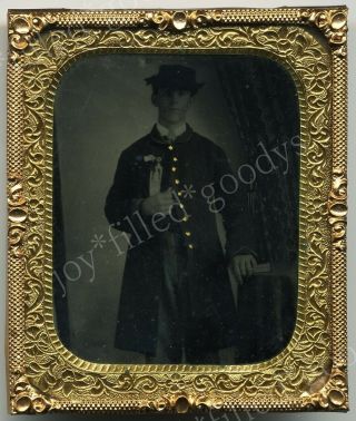 Young Civil War Soldier With Ribbon Tintype Photo In Patriotic Wood Case